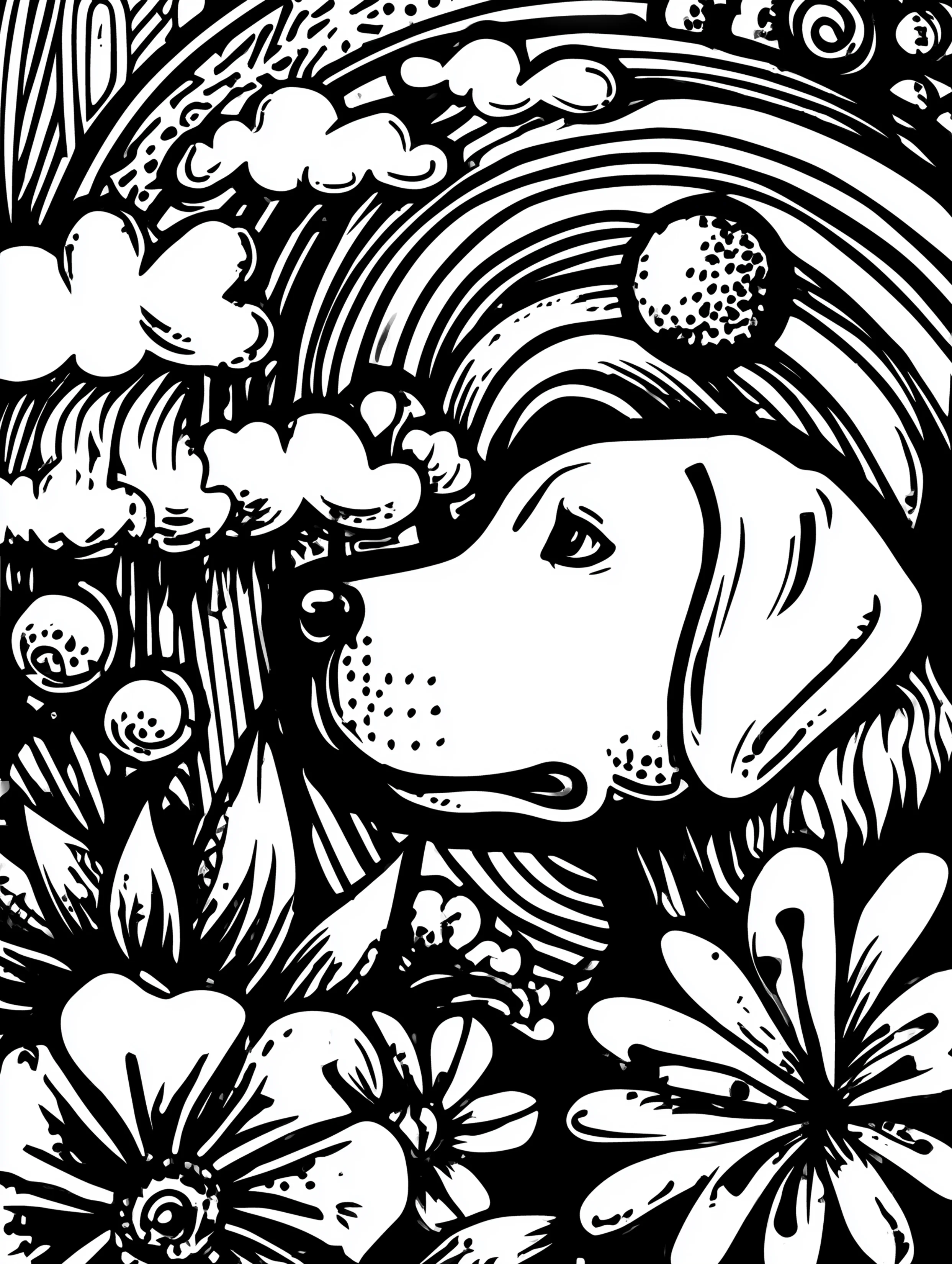 Free printable summer coloring page for adults featuring a dog in profile with a rainbow